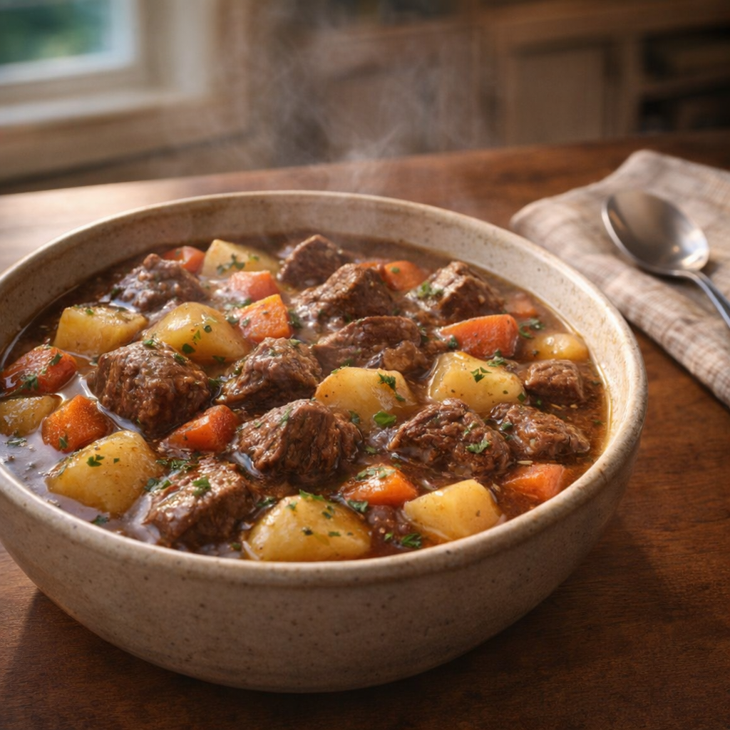 Slow cooker beef stew served in a wide bowl on a kitchen table