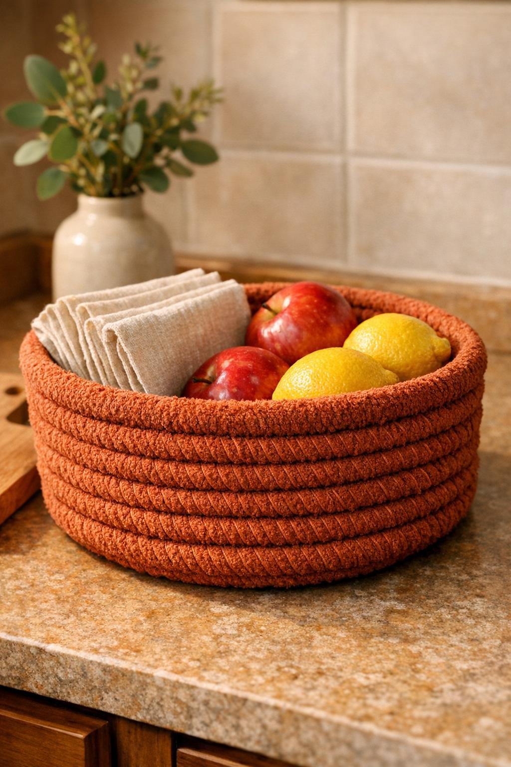 Finished rust colored knotted towel rope basket on a kitchen counter