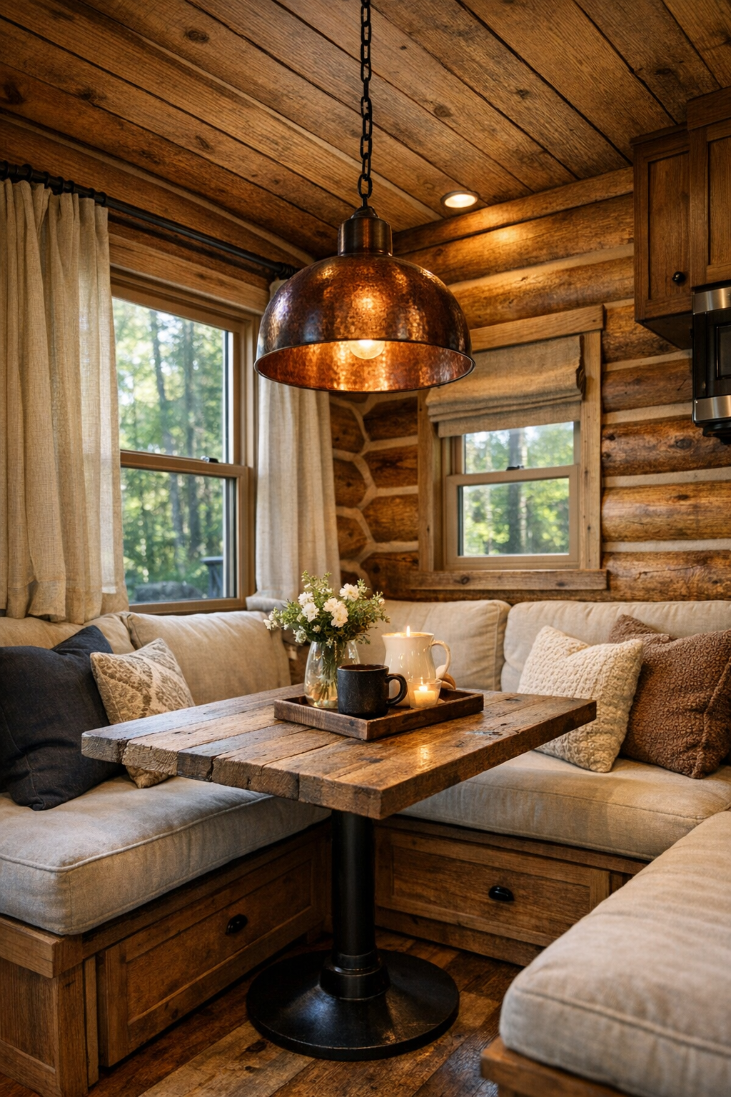 Cozy rustic dining nook with wood table, copper pendant, and log cabin walls