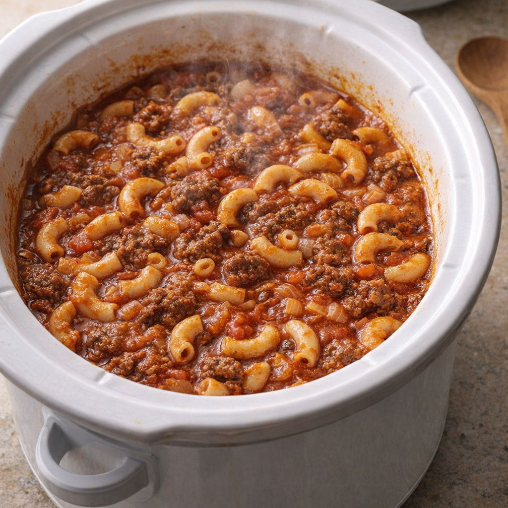 Slow cooker slumgullion bubbling in a crockpot