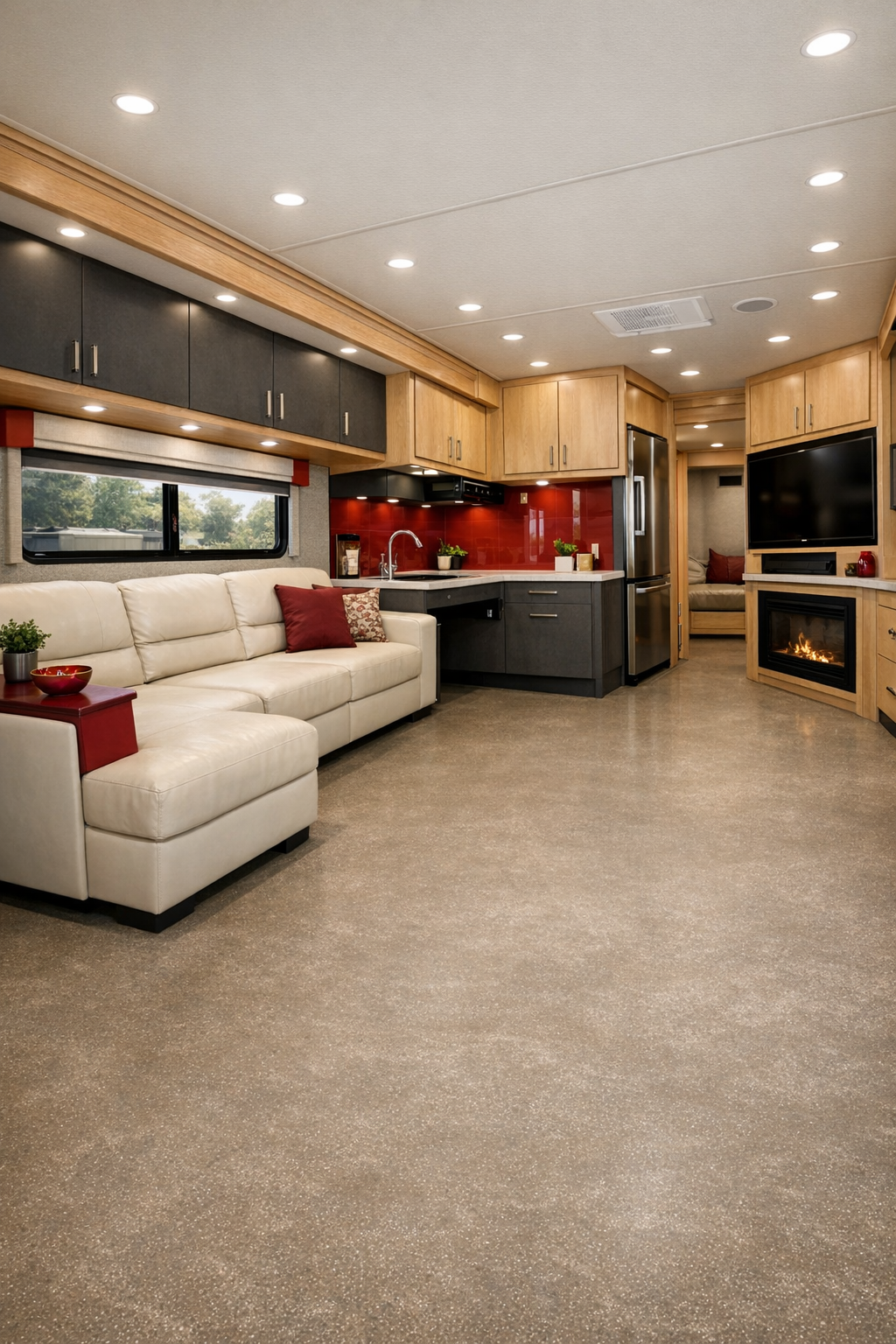 Accessible RV living room with cream sectional, pale oak cabinetry, and cherry red accents