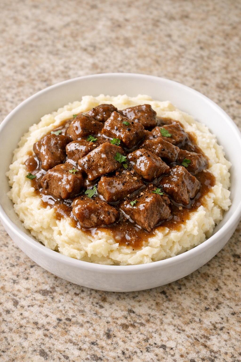 Finished slow cooker beef and gravy served over mashed potatoes