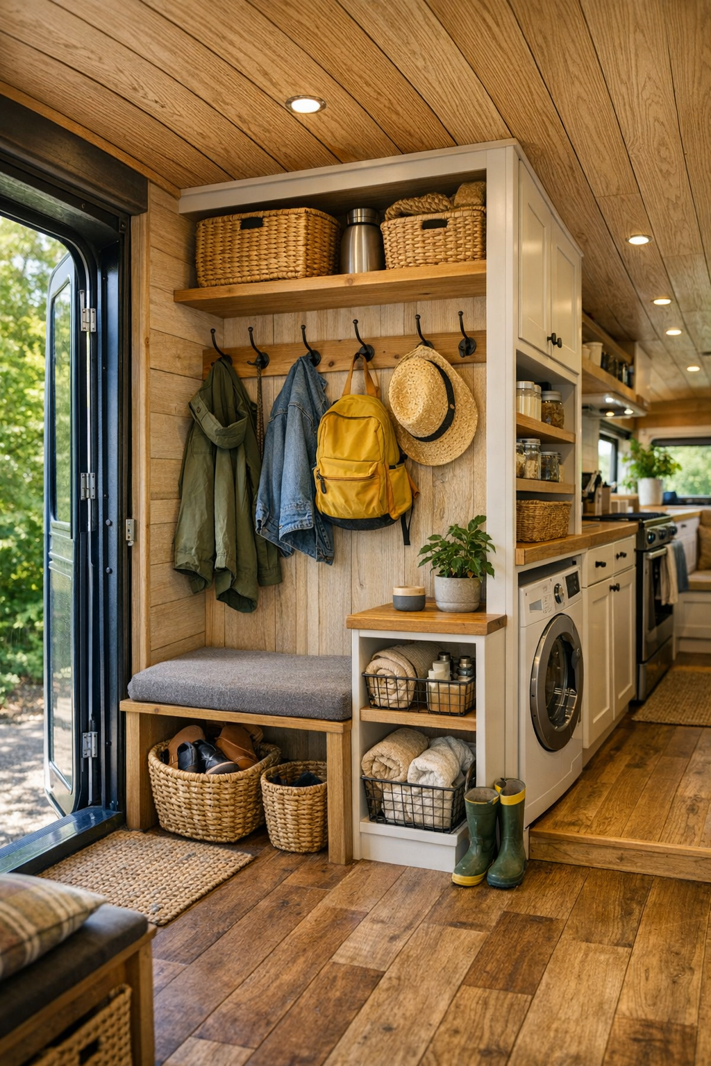 Smart converted bus utility and entry area with storage, hooks, and multipurpose details