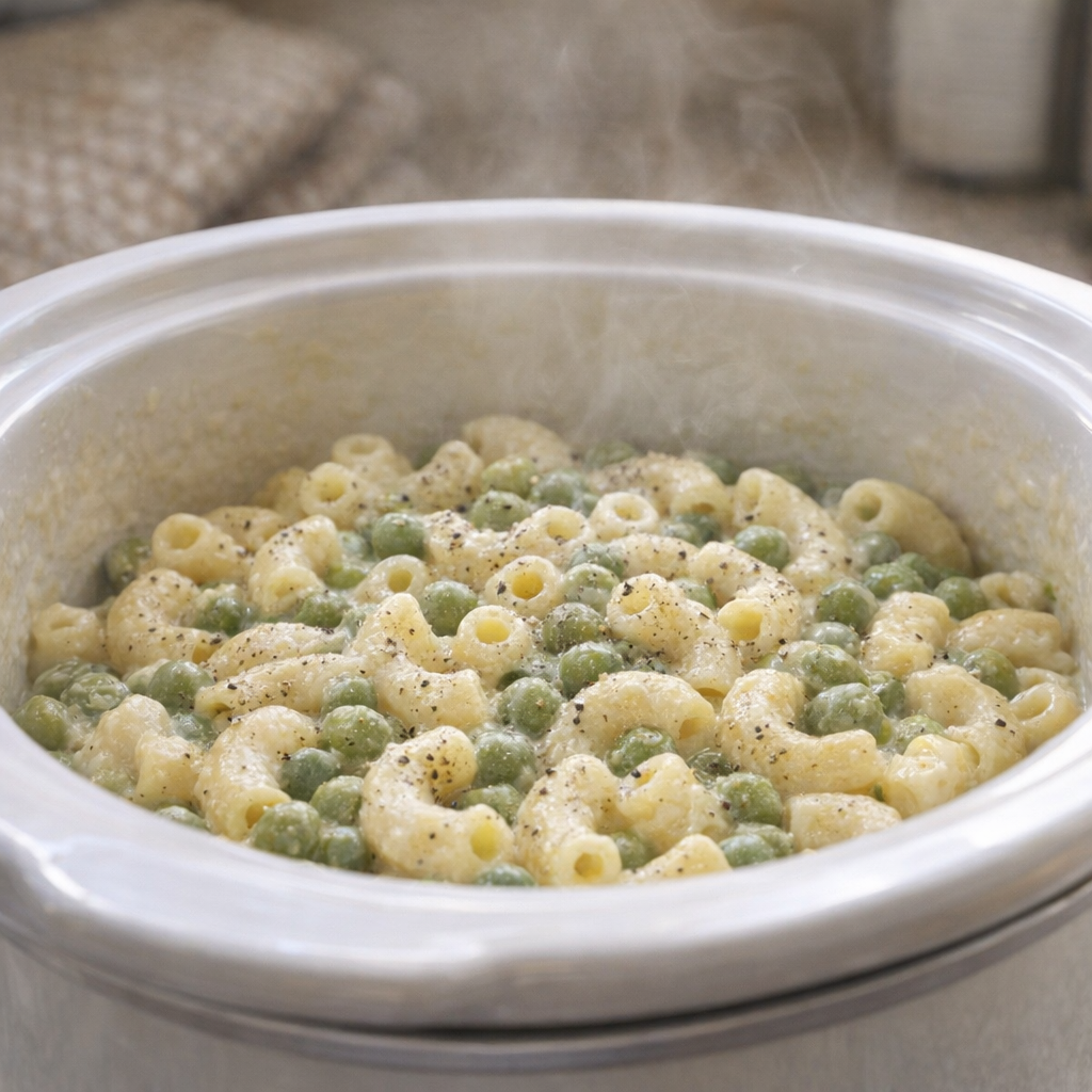 Slow cooker filled with creamy pea macaroni ready to serve