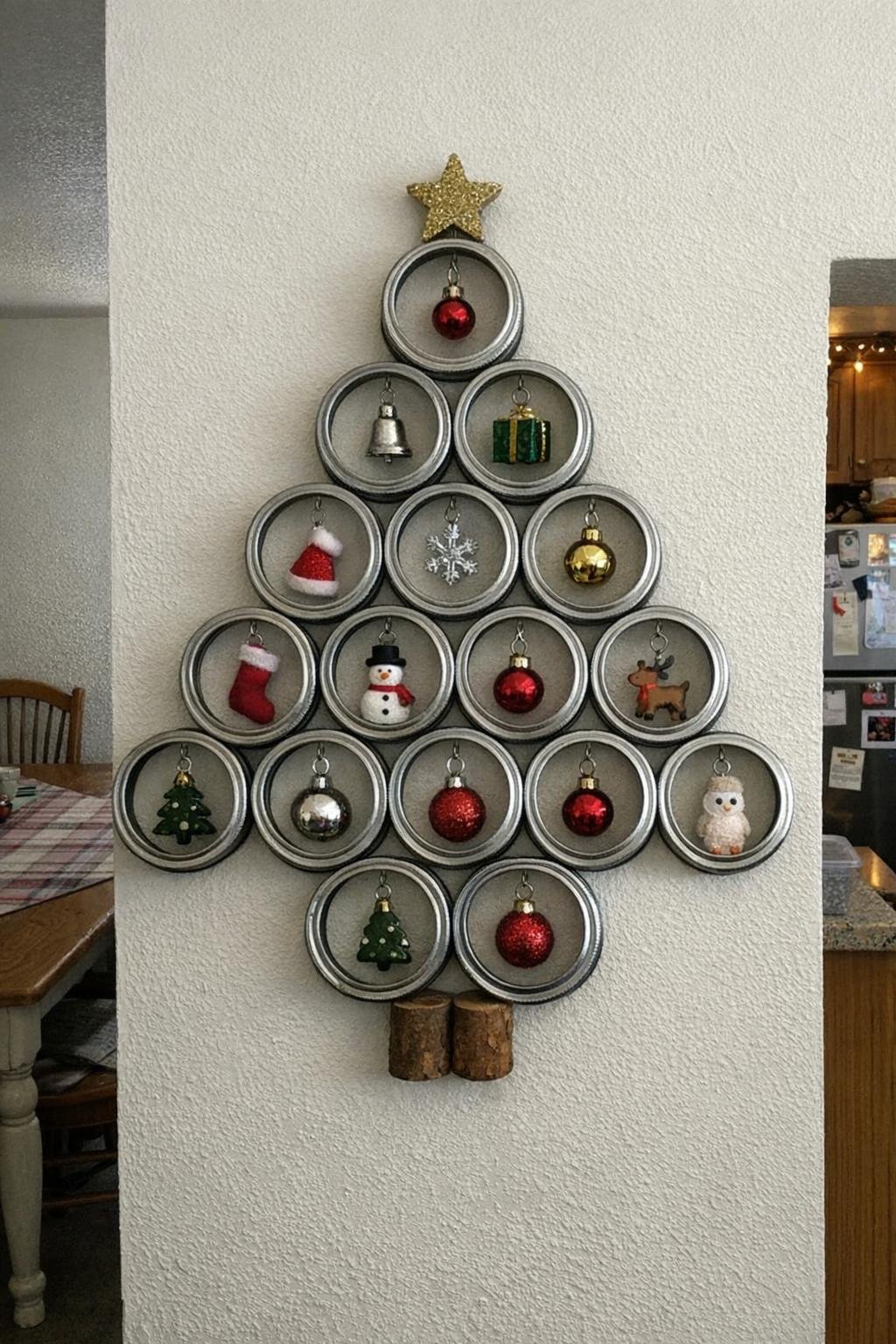 Wall-mounted Christmas tree made from stacked mason jar rings