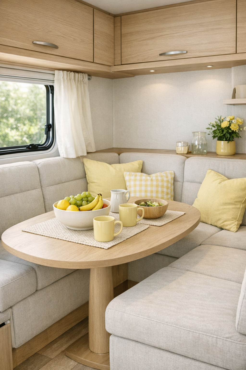 Accessible RV camper dining nook with pale oak table and soft banquette seating