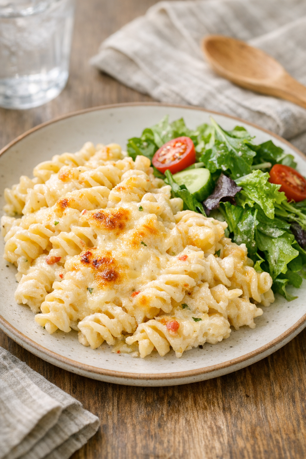 Baked pepper jack rotini served with salad