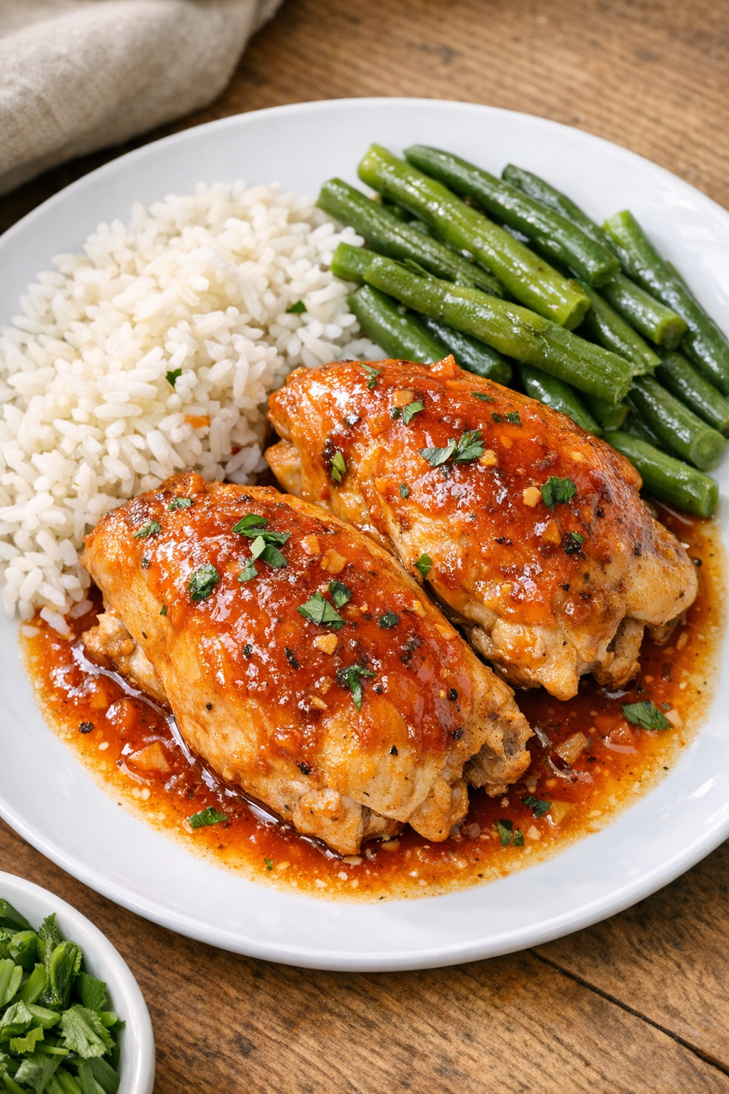 Finished plated slow cooker sunset chicken with glossy sauce