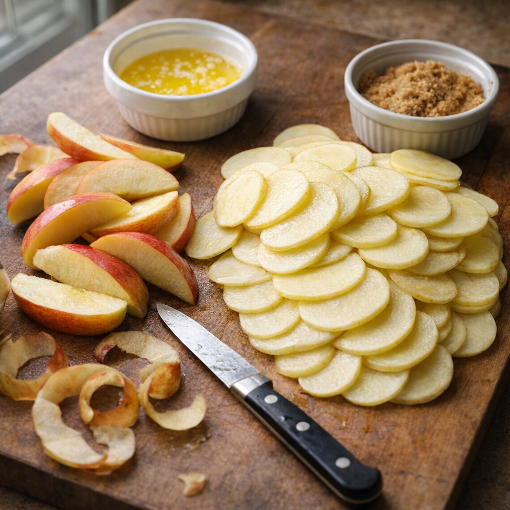 Sliced potatoes and apples arranged on a kitchen counter for prep