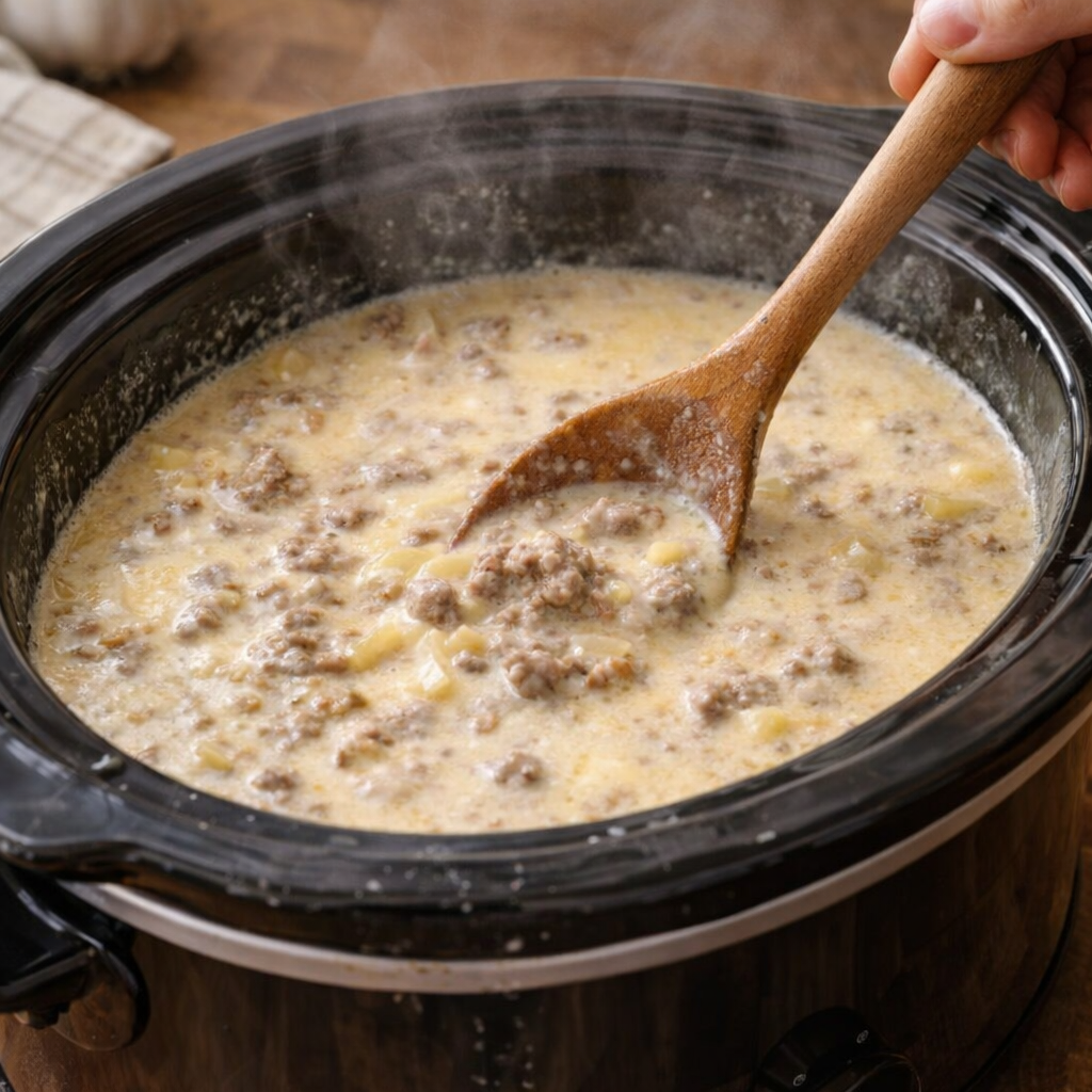 Slow cooker soup being stirred halfway through cooking