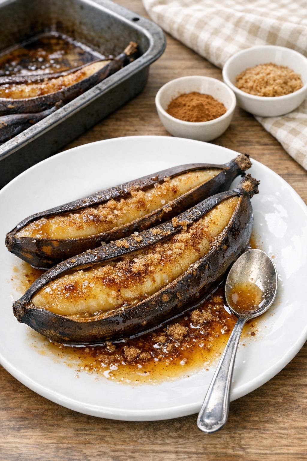 Finished baked bananas plated for dessert