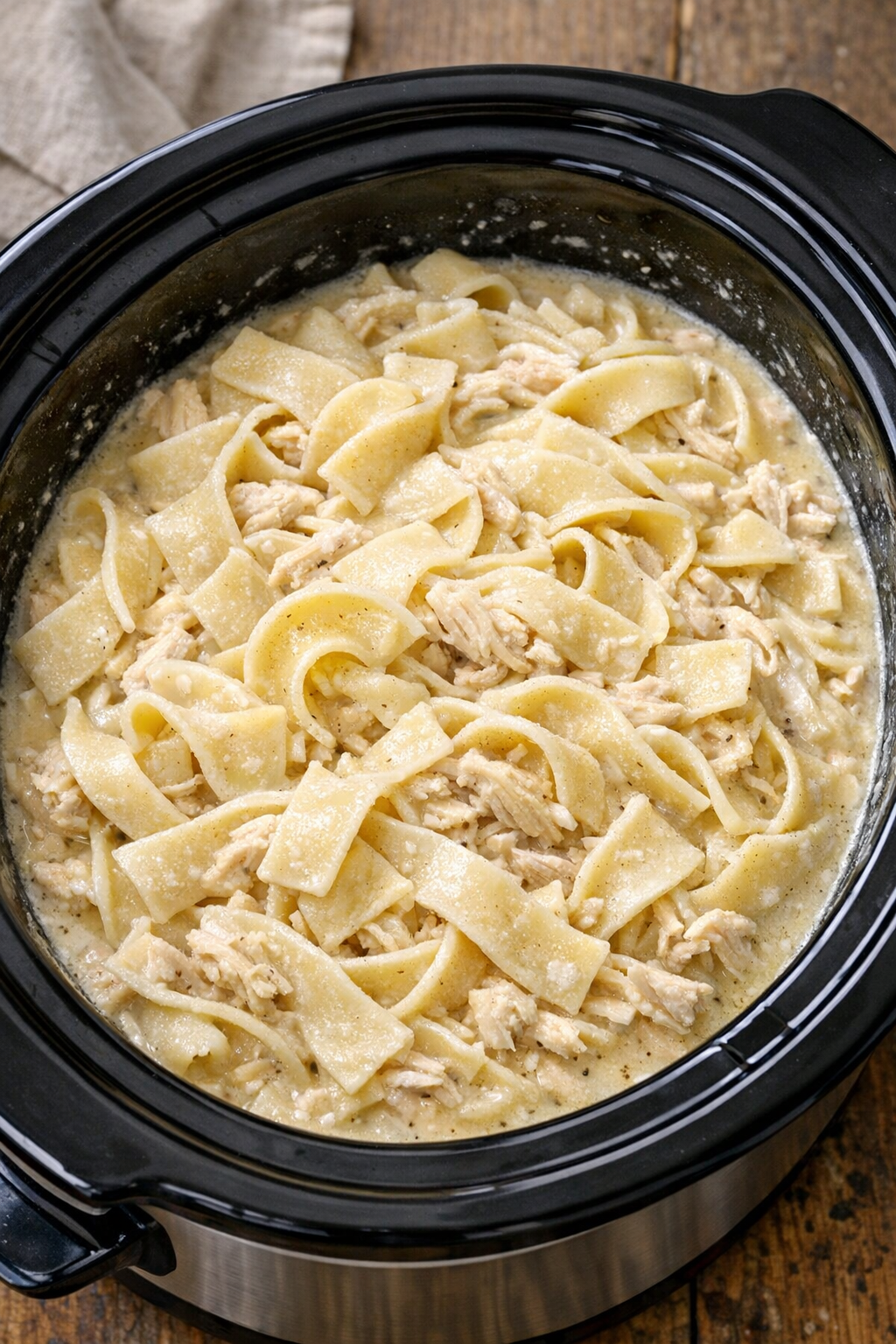 Egg noodles cooking in creamy chicken mixture