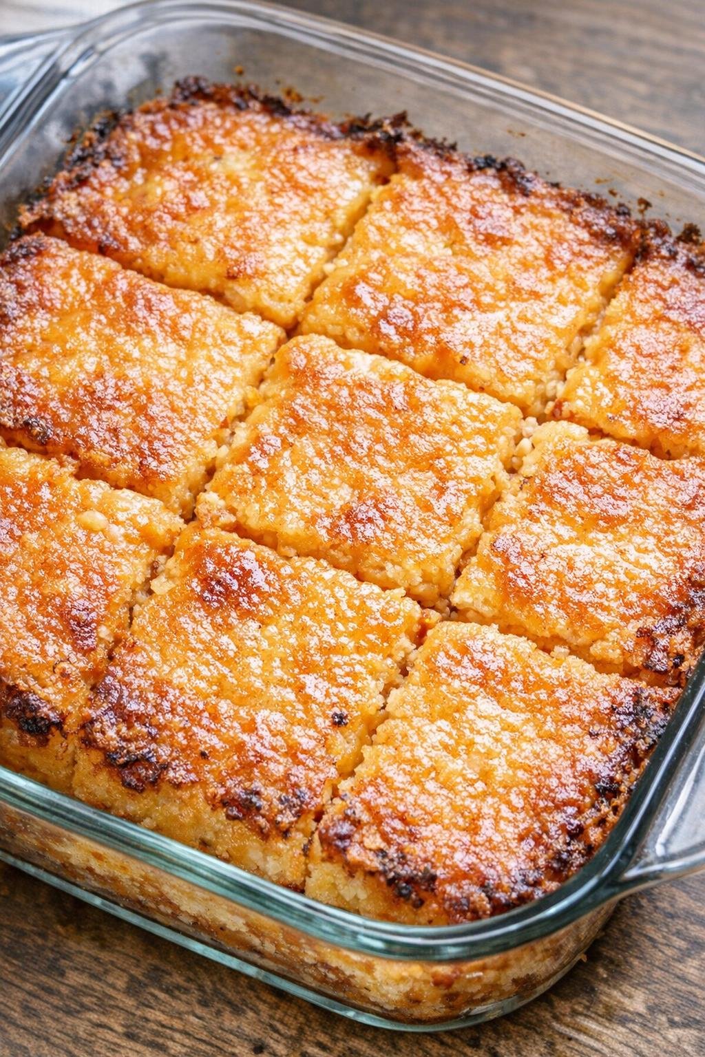 Southern 4-ingredient buffalo cheddar squares baked in a glass casserole dish