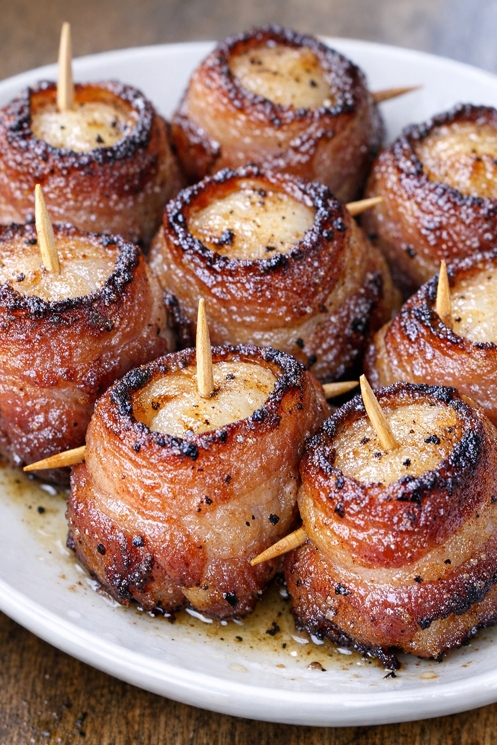 Low carb 3-ingredient bacon scallop bombs on a white plate