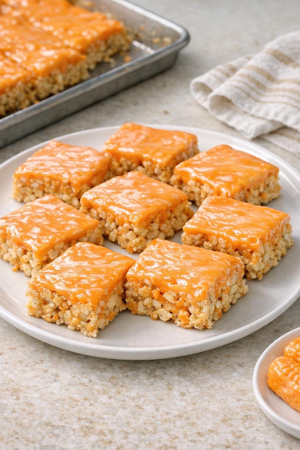 Finished circus peanut marshmallow bars on a platter