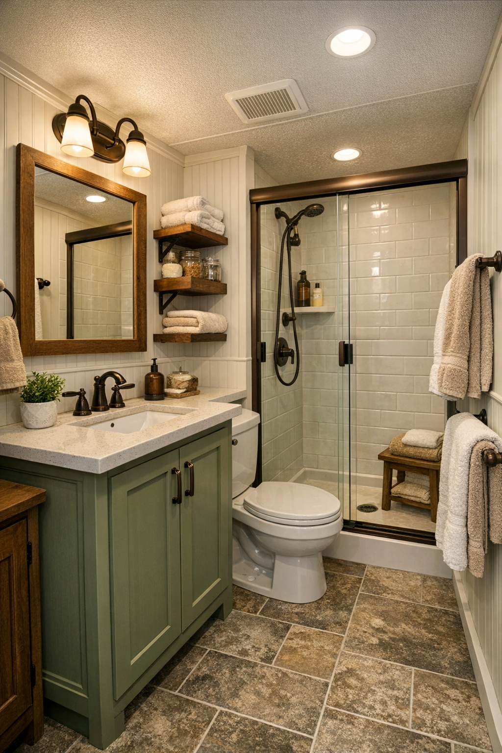 Compact bathroom with sage vanity, tile walls, and bronze fixtures