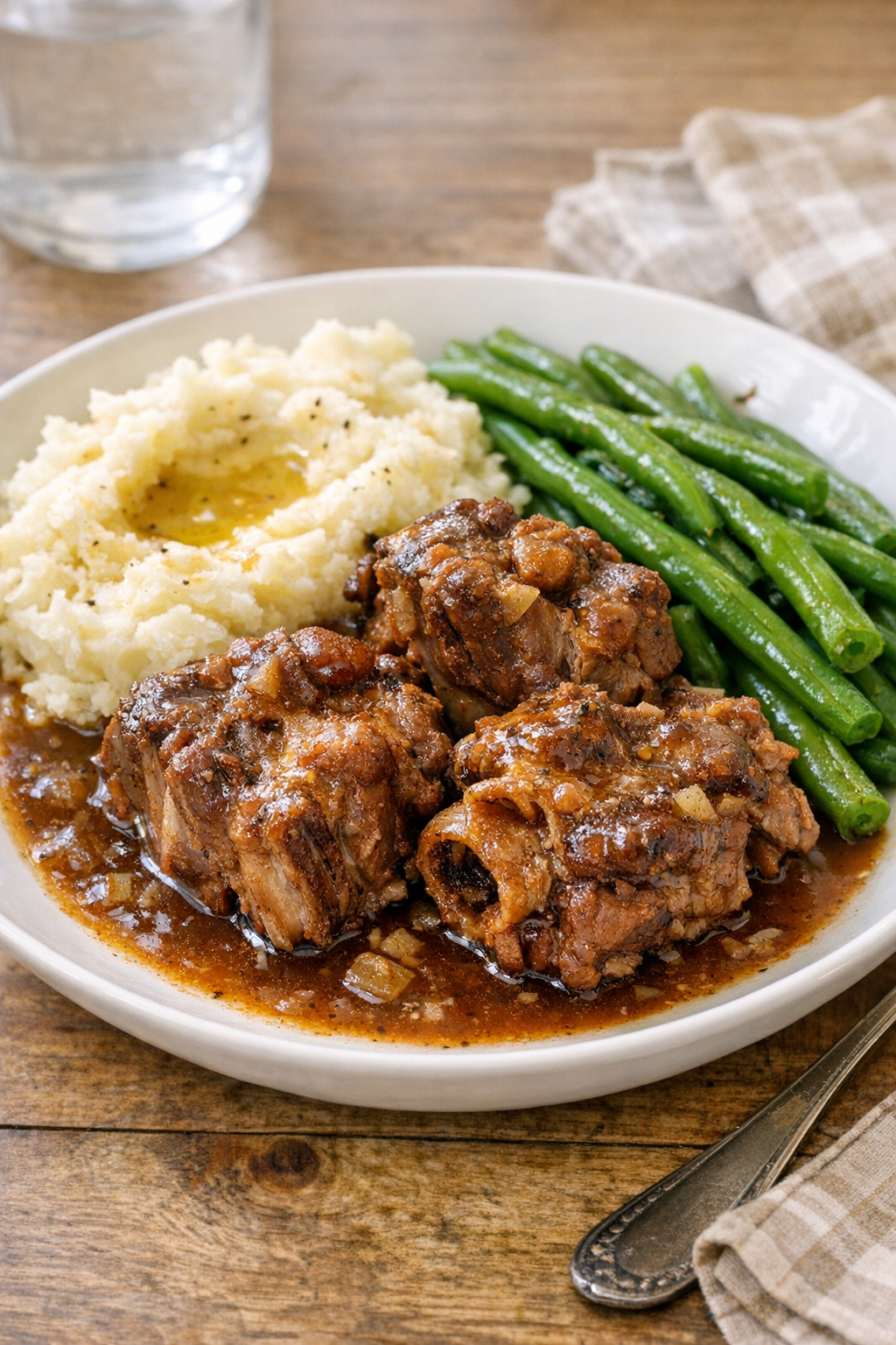 Finished beef neck bones plated with rich gravy