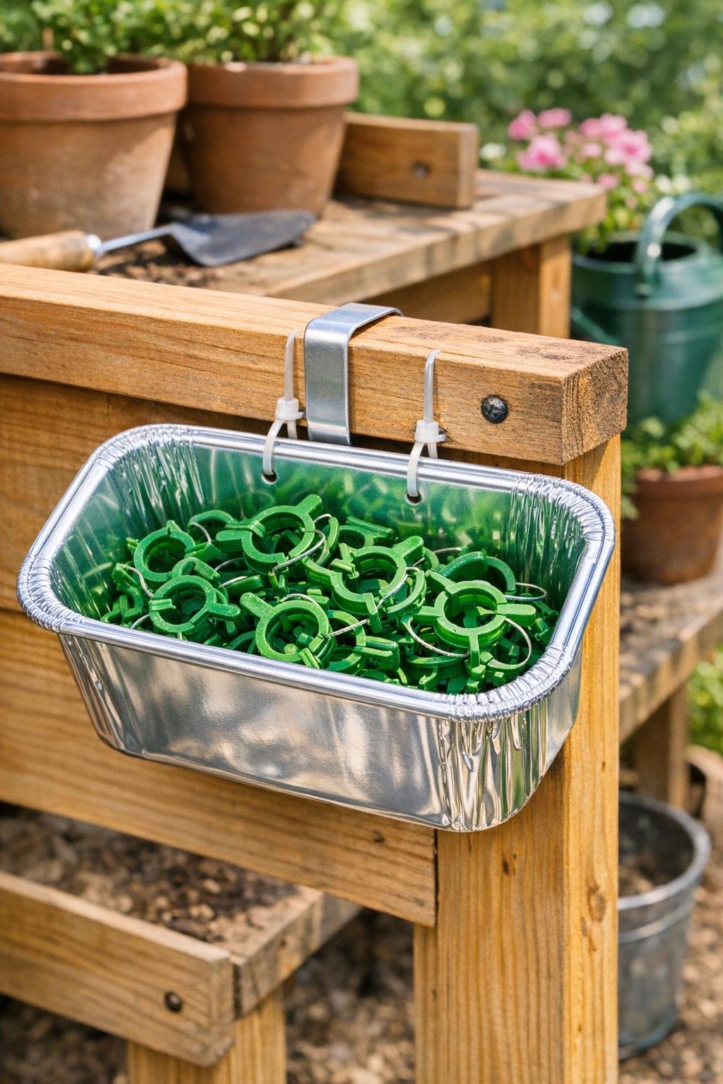 Finished aluminum loaf pan organizer filled with garden vine clips and hanging from a hook