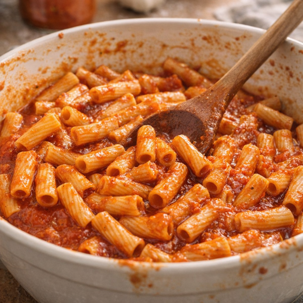Okokt mostaccioli täckt med marinarasås