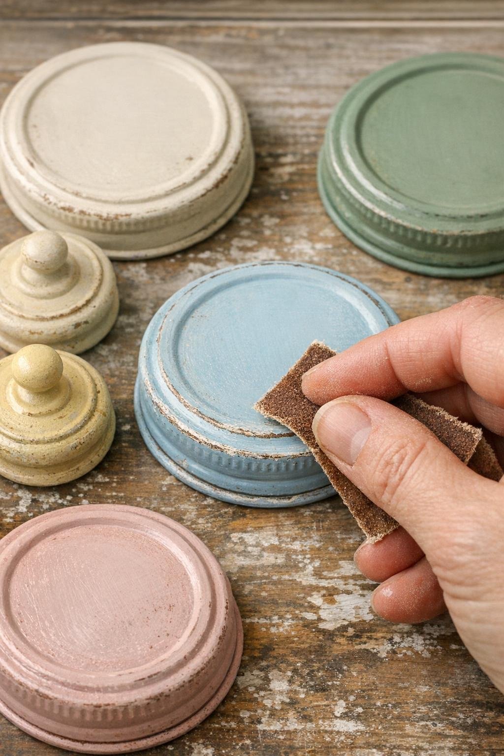Painted jar lids with softly distressed edges for a vintage finish