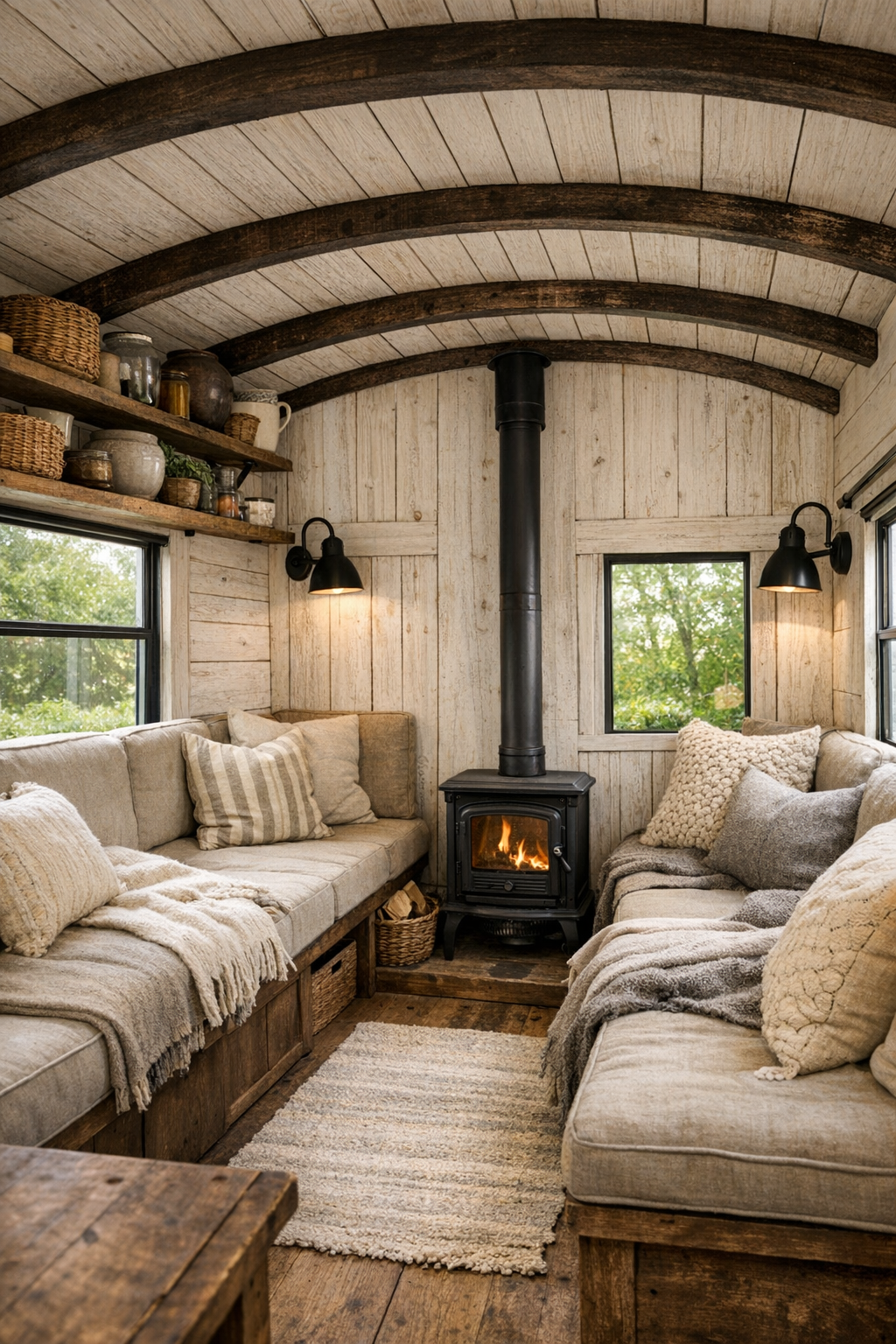 Rustic bus living room with built-in bench seating and whitewashed pine walls