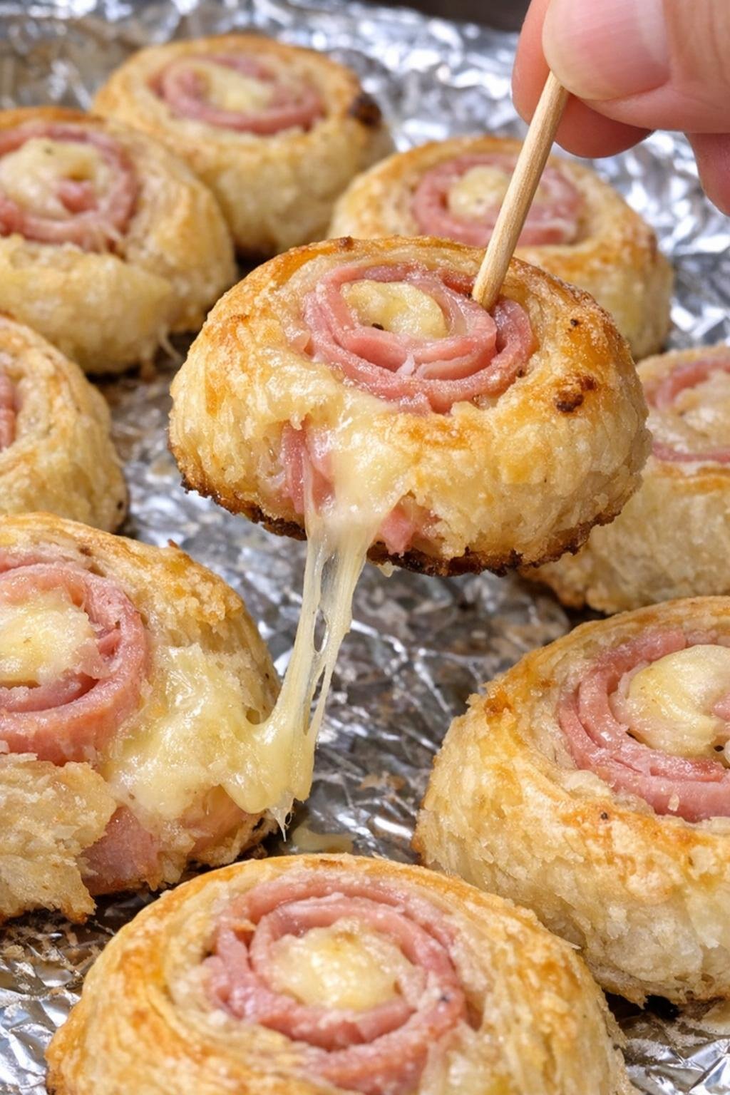 Golden flaky pastry spirals with ham and Swiss on a foil-lined platter