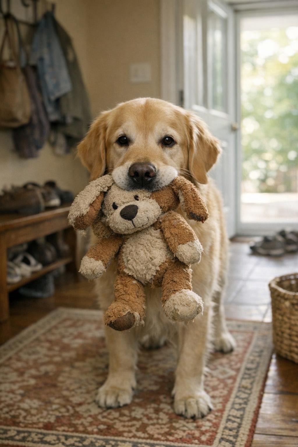 Beloved dog greeting at home with a worn stuffed toy