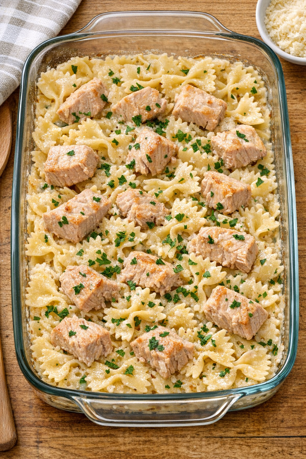 Finished baked yellowfin tuna farfalle in a glass baking dish