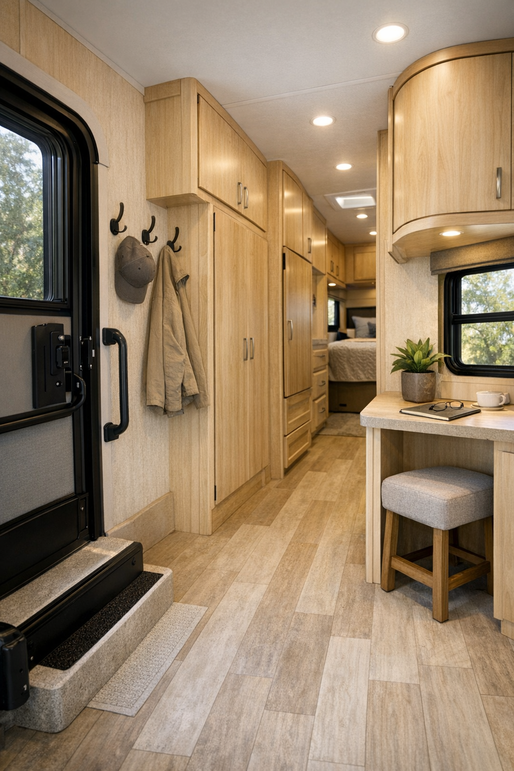 Accessible RV entry and hallway storage with pale wood cabinetry
