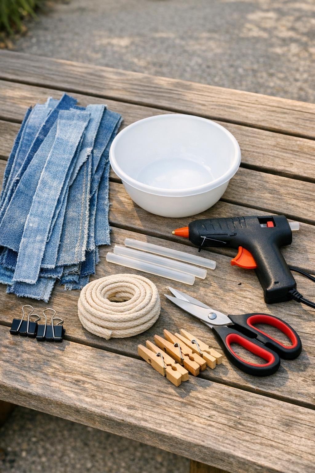 Materials for a rolled denim coiled basket laid out neatly