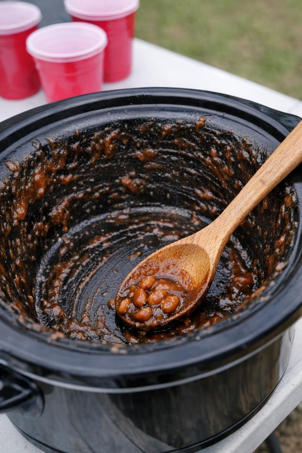 Slow cooker baked beans nearly scraped clean
