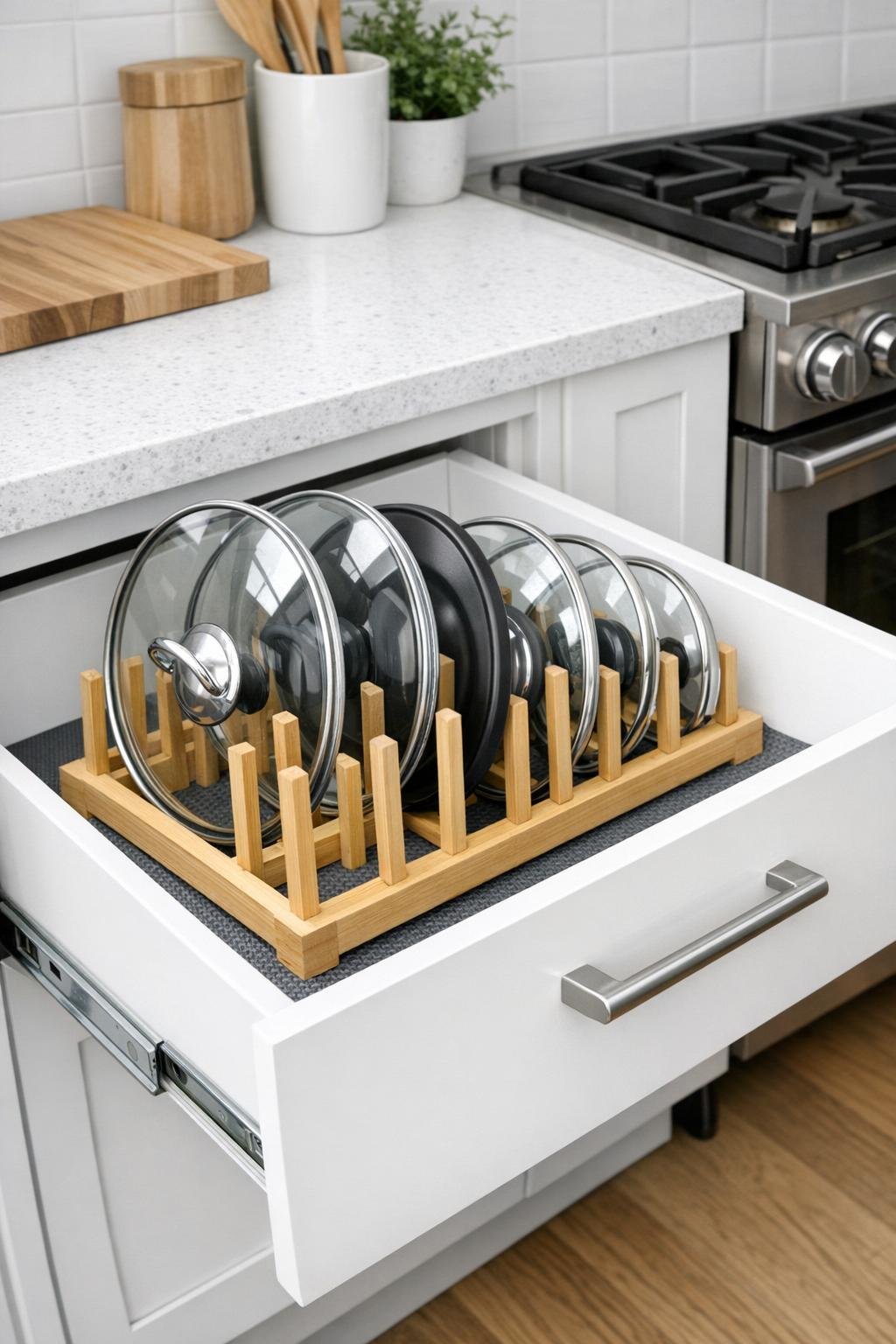 Finished kitchen lid organizer using a wooden dish rack inside a deep cabinet drawer