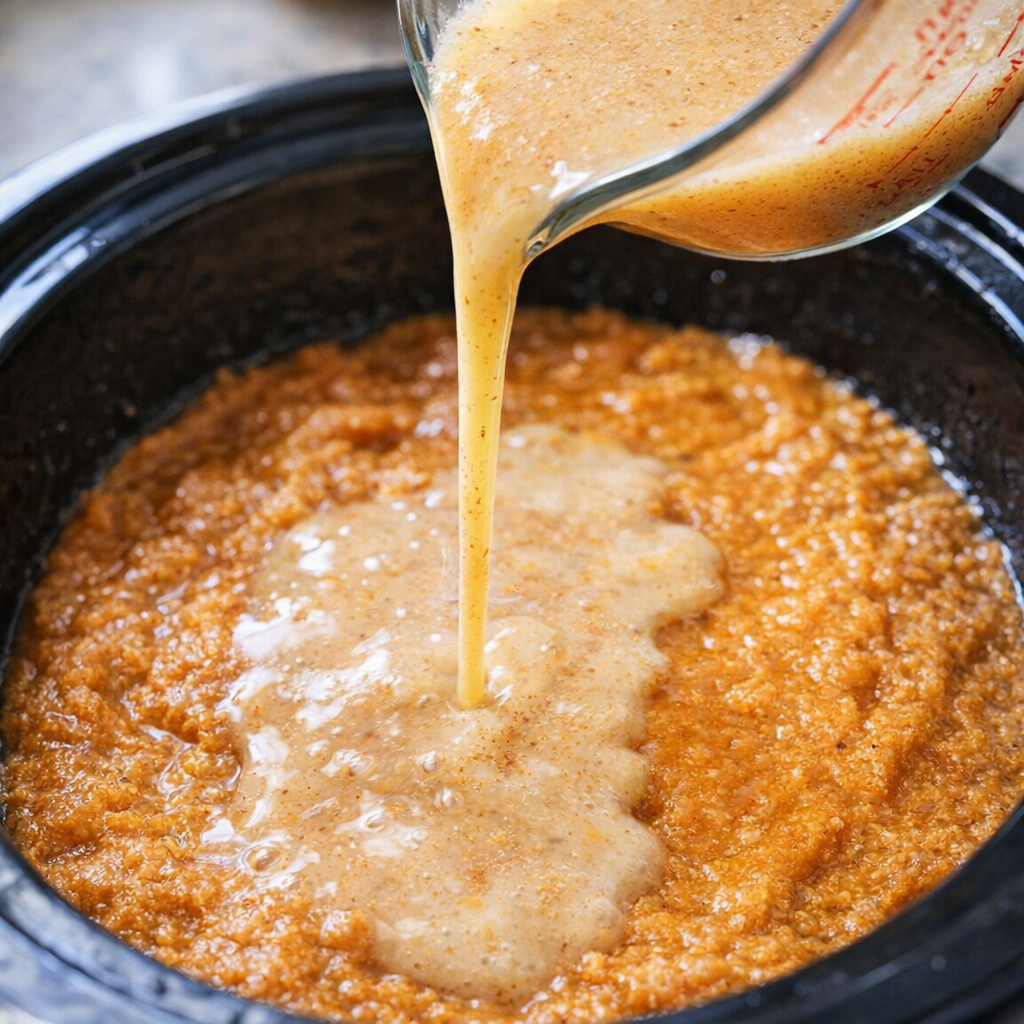 Spiced condensed milk being poured over cake batter in a slow cooker