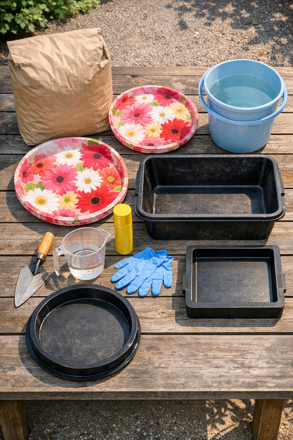 Materials for embossed cement stepping stones laid out on a work surface