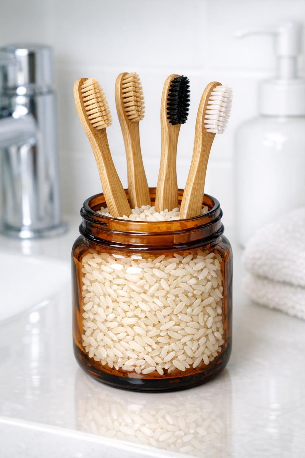Finished amber glass jar toothbrush holder with bamboo toothbrushes