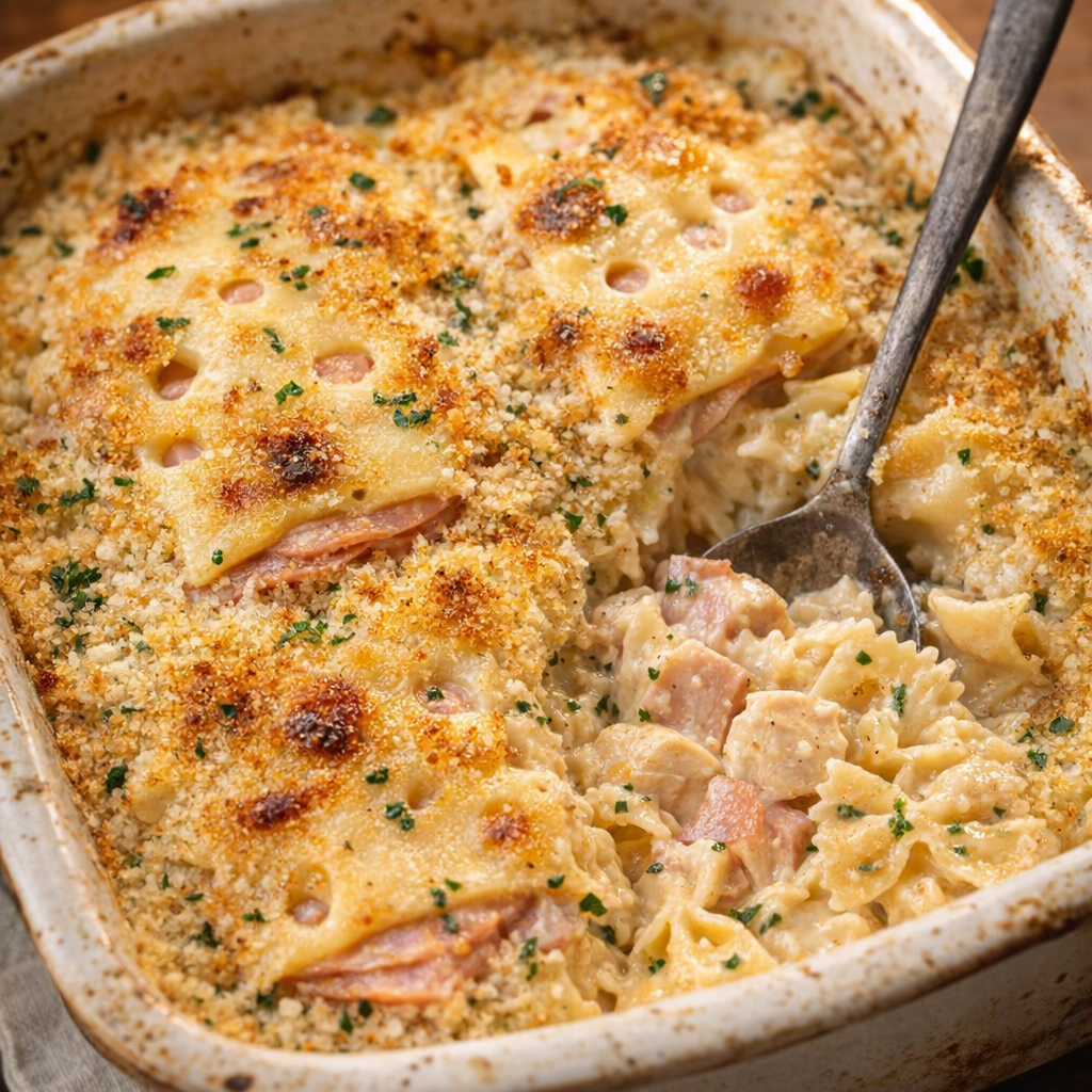 Baked casserole-style version of the pasta with a golden topping