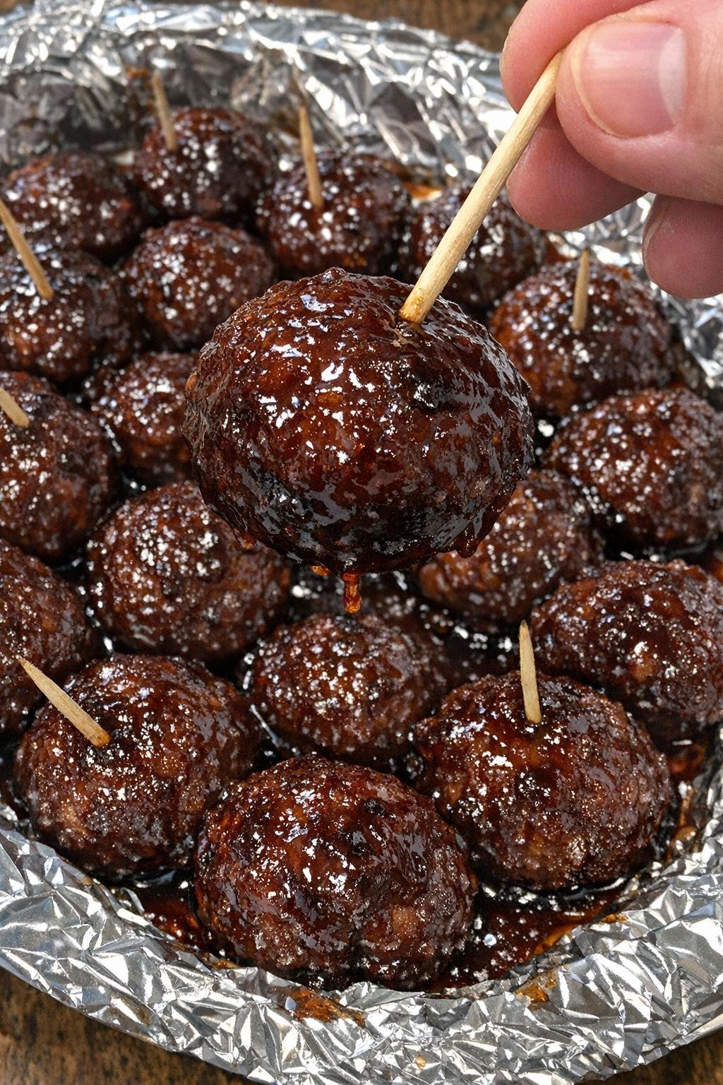 3-ingredient meatball stratford bites on a foil-lined platter