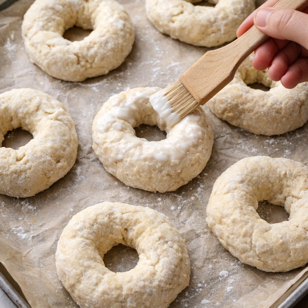Formede ubagte bagels på en bageplade beklædt med bagepapir