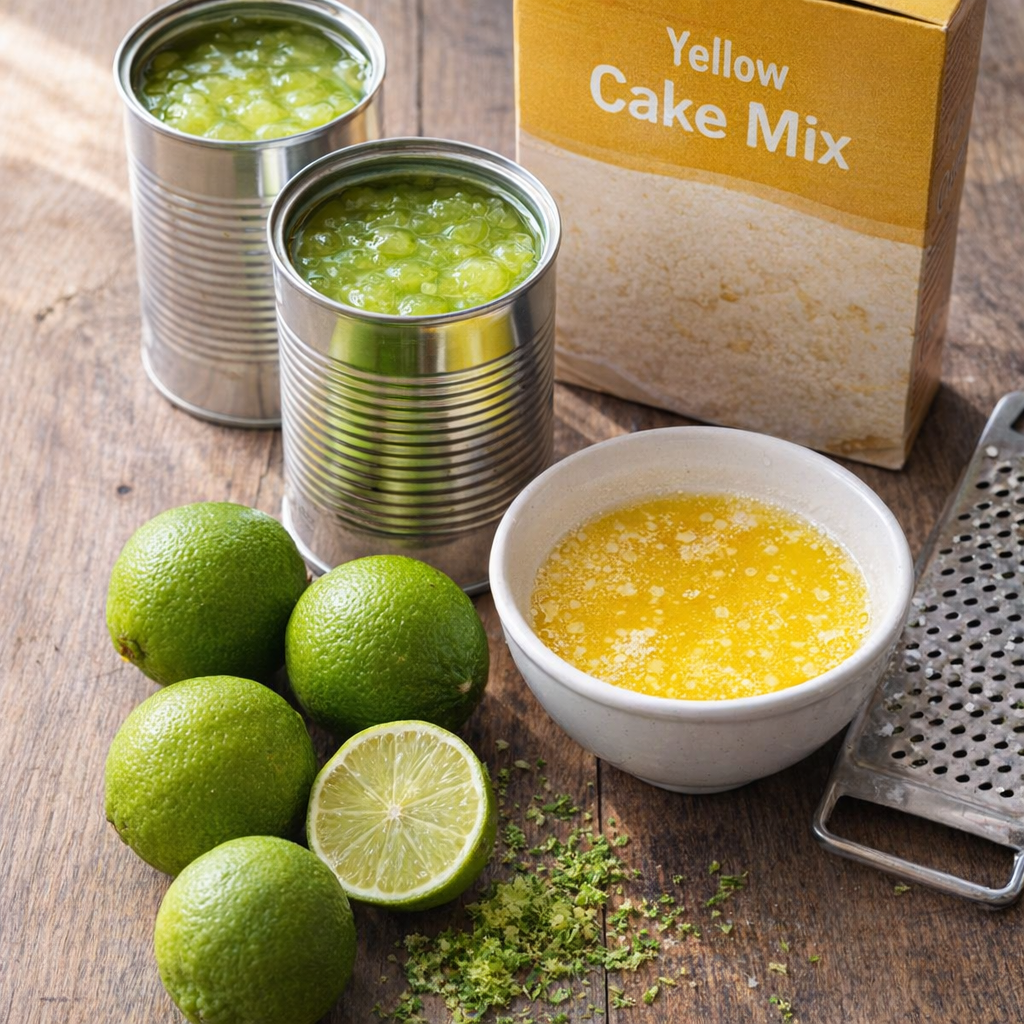 Key lime cobbler ingredients on a kitchen table