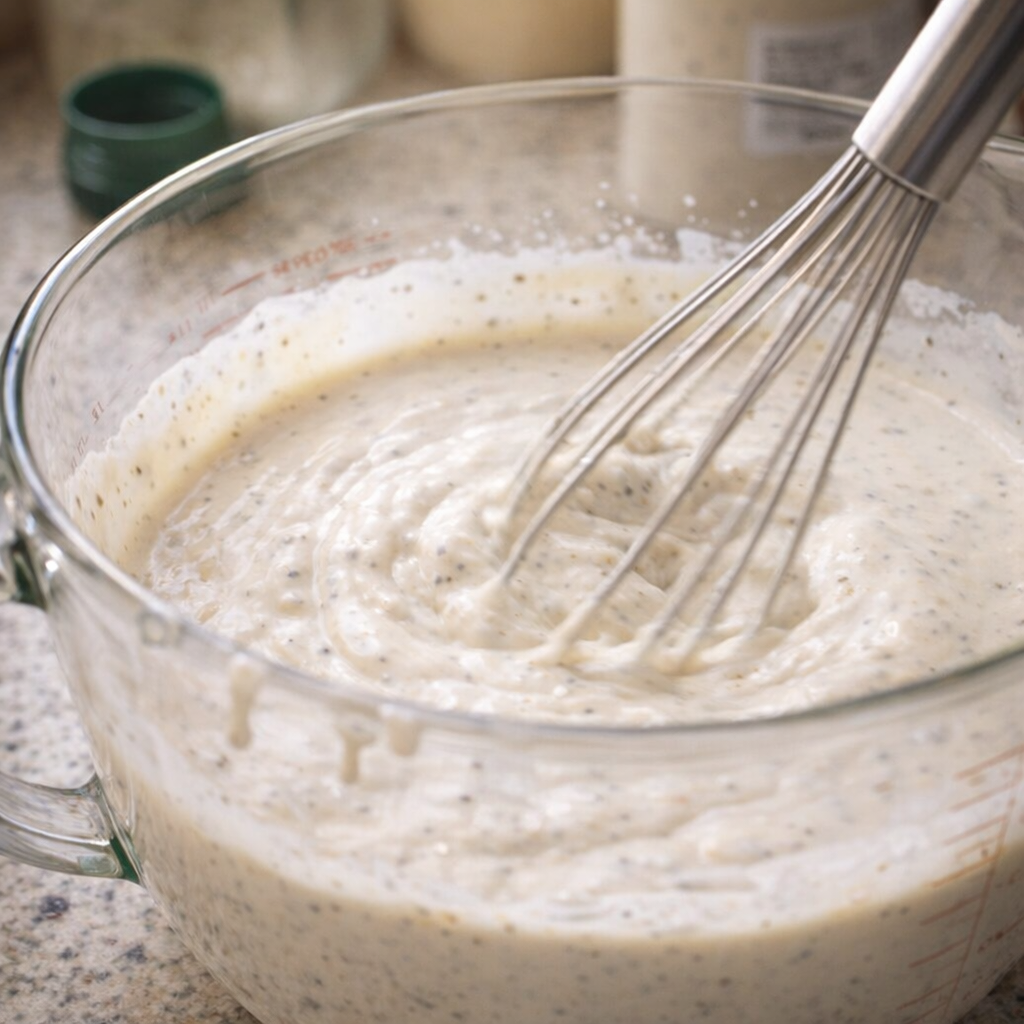 Ranch dressing and milk being whisked together in a measuring bowl