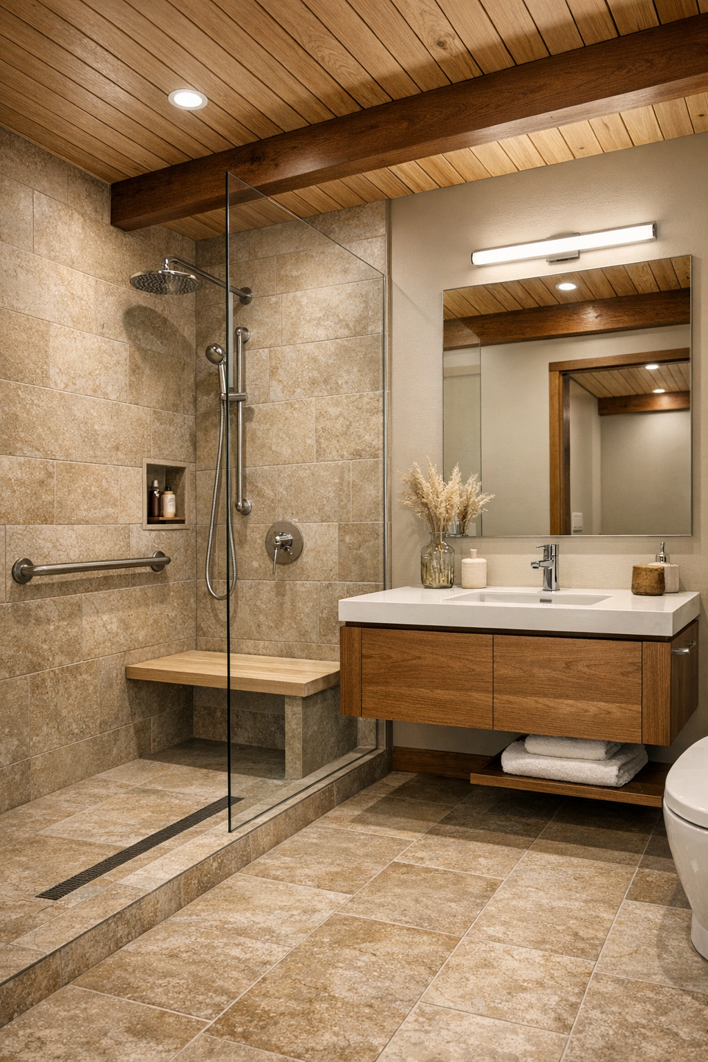 Accessible modern bathroom with curbless shower floating wood vanity and warm stone tile