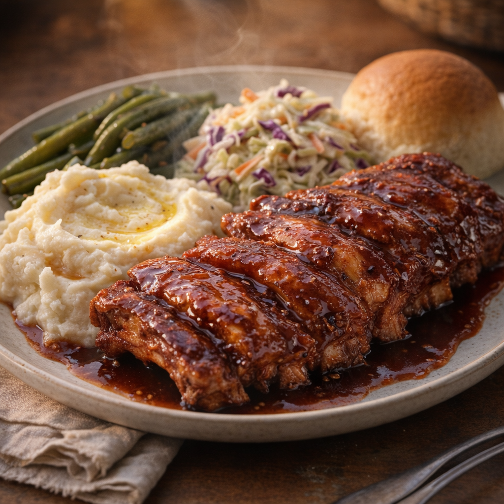 Plated ribs with mashed potatoes and coleslaw