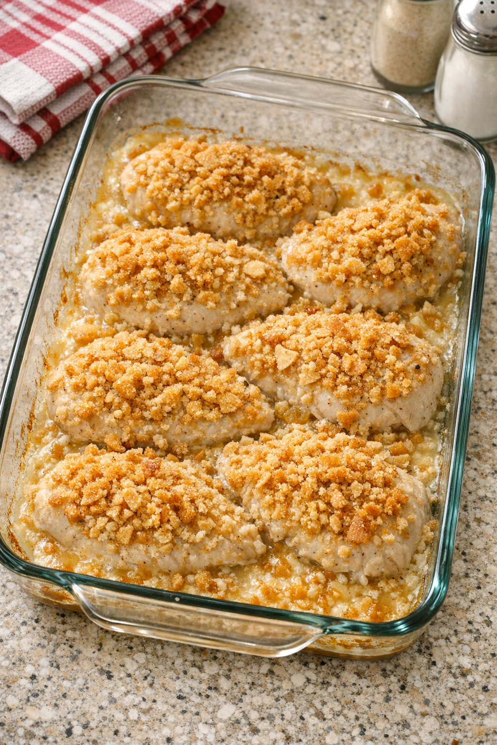 Greased rectangular baking dish ready on the counter