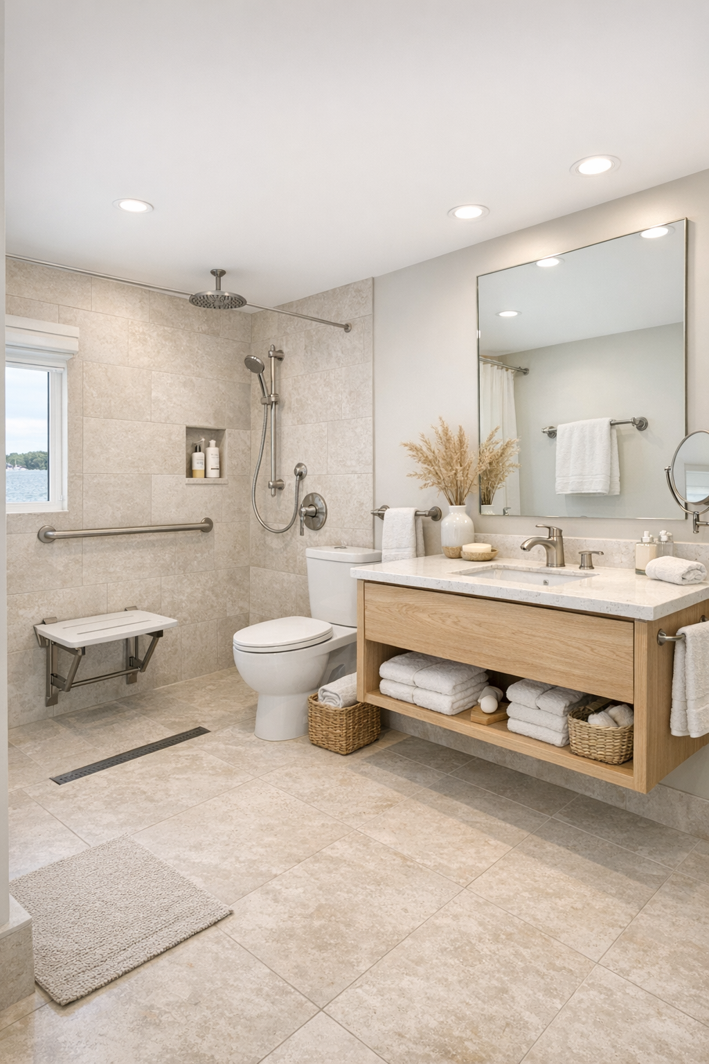 Spa-like accessible bathroom with curbless shower, pale tile, and light oak vanity