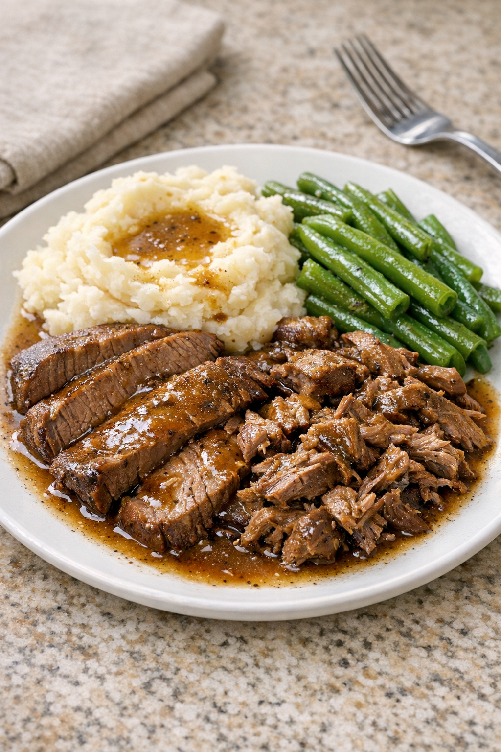 Finished Amish allspice beef plated with its rich juices