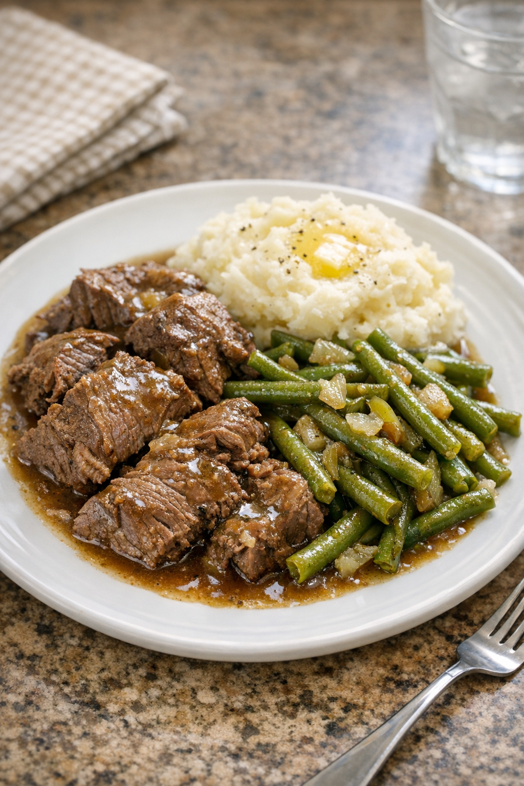 Finished Amish green bean beef plated for dinner