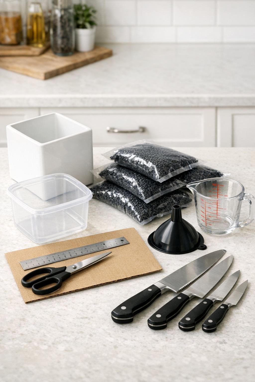 Materials for a ceramic planter knife block laid out on a counter