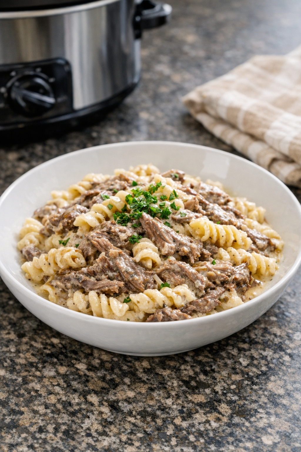 Finished plated Amish buttermilk beef pasta