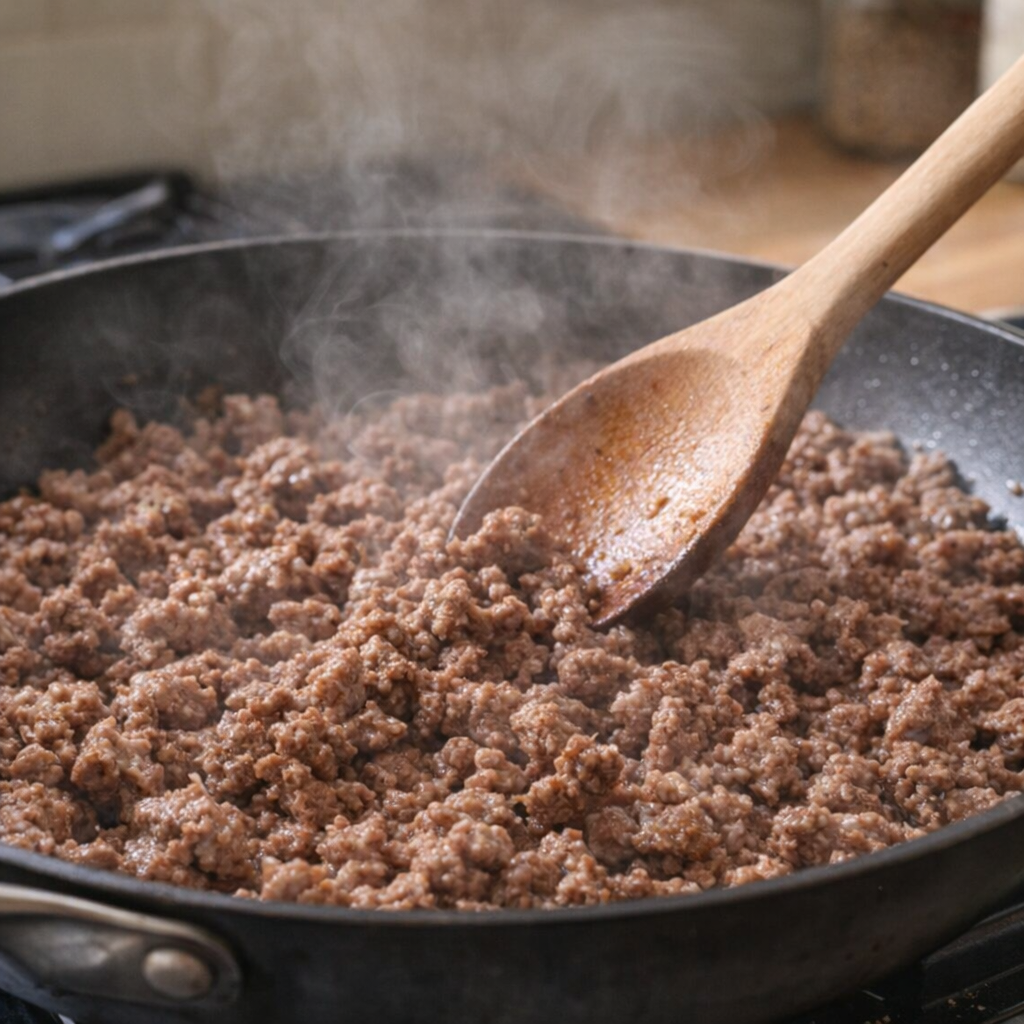 Ground beef browning in a skillet