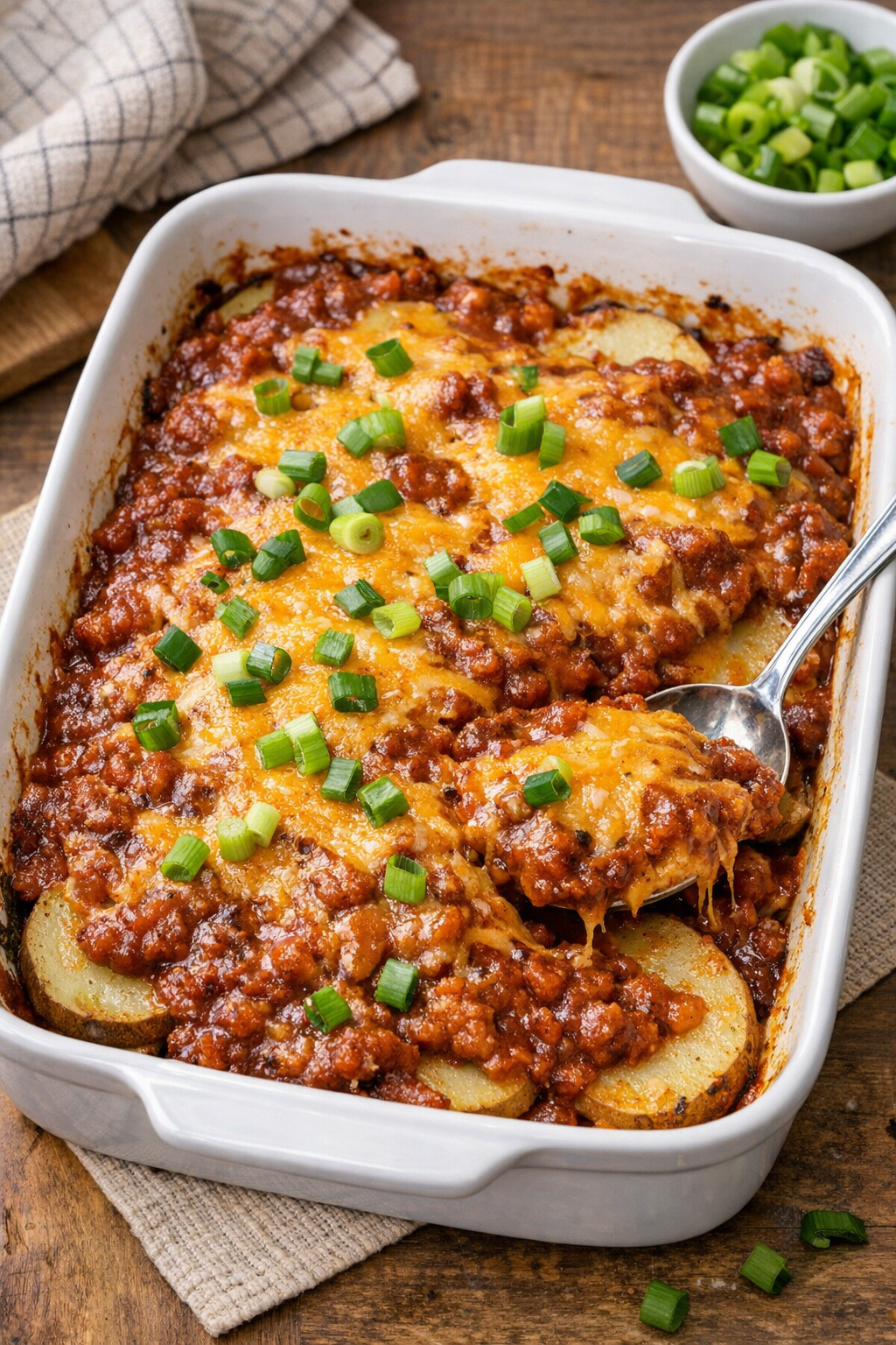 Finished chili cheese potatoes baked in a casserole dish